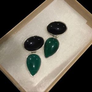 TAXCO Vintage Southwest Black Onyx Green Agate Sterling Silver Drop Earrings